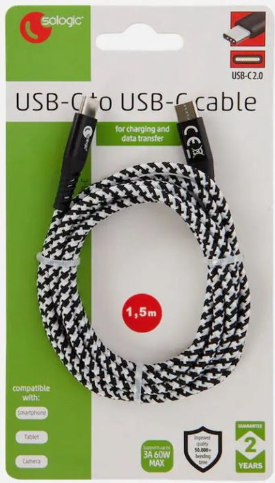chargeur USB BlueTime USB C naar USB C kabel - USB C to USB C - USB C kabel - USB C Kabels- Universele Oplaadkabel - Snel lader & Datasynchronisatie – 1,5 meter - Zwart sologic