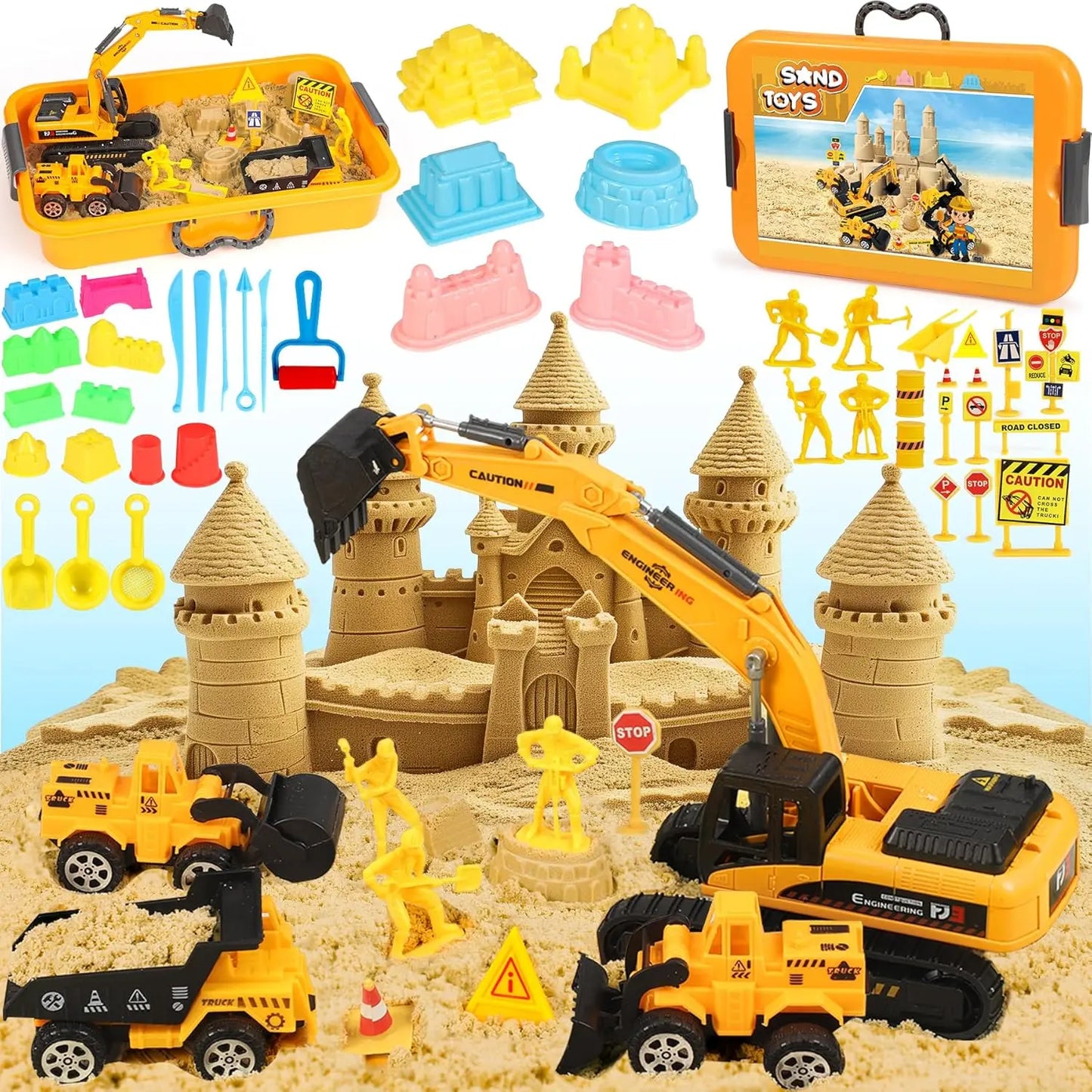 jouet pour enfant Chantier de Construction Bac à Sable Magique avec 1400g Super Sand, Grue Jouet Sensoriel, 5 Mini Véhicules & 14 Moules, Cadeau pour Enfant Garçon Tacobear