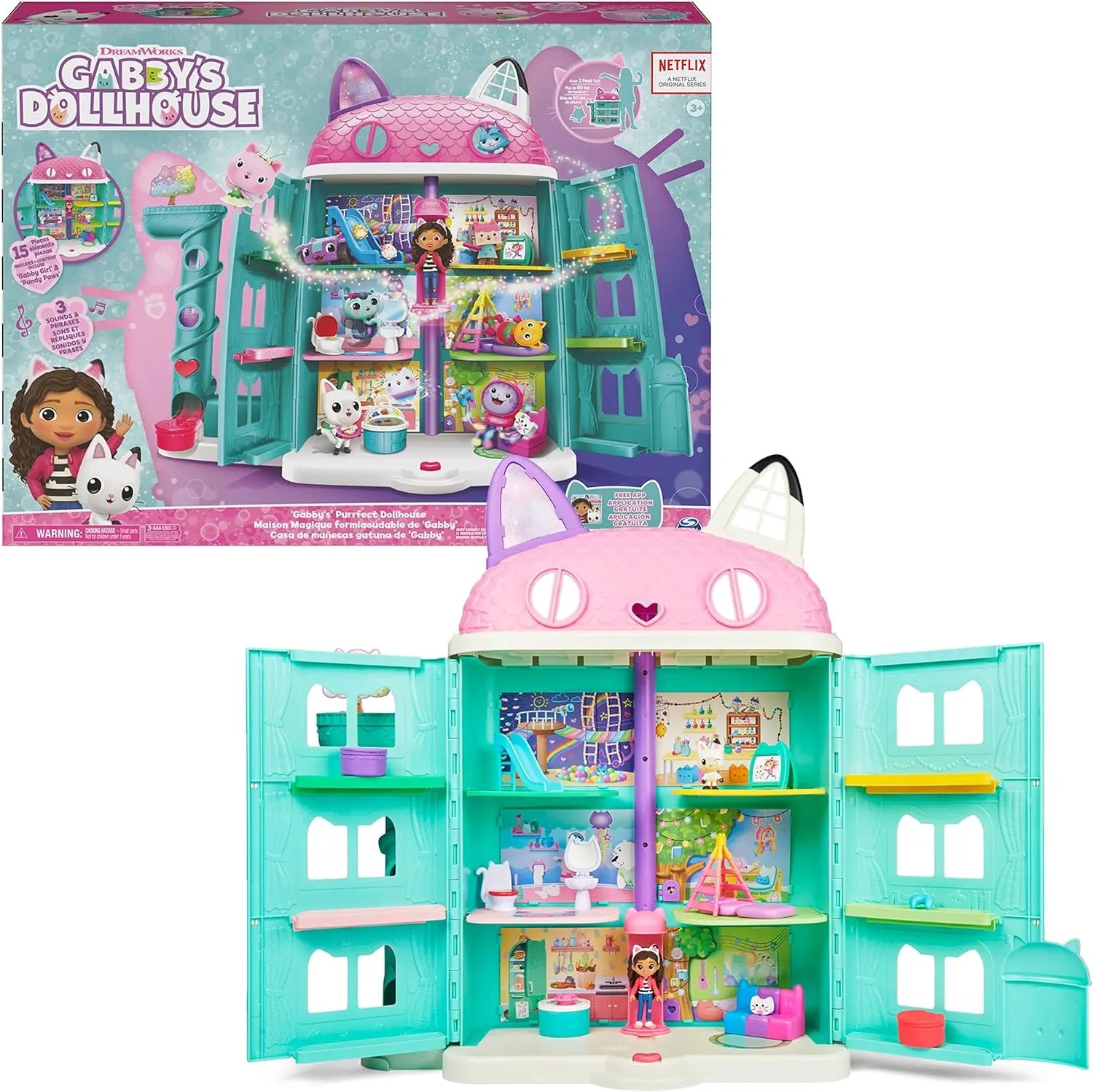 Gabby's Dollhouse Gabby et la maison magique Maison de Poupée Interactive  Avec 2 Figurines + 15 Accessoires - Reproduis Les Aventures De Ton Dessin
