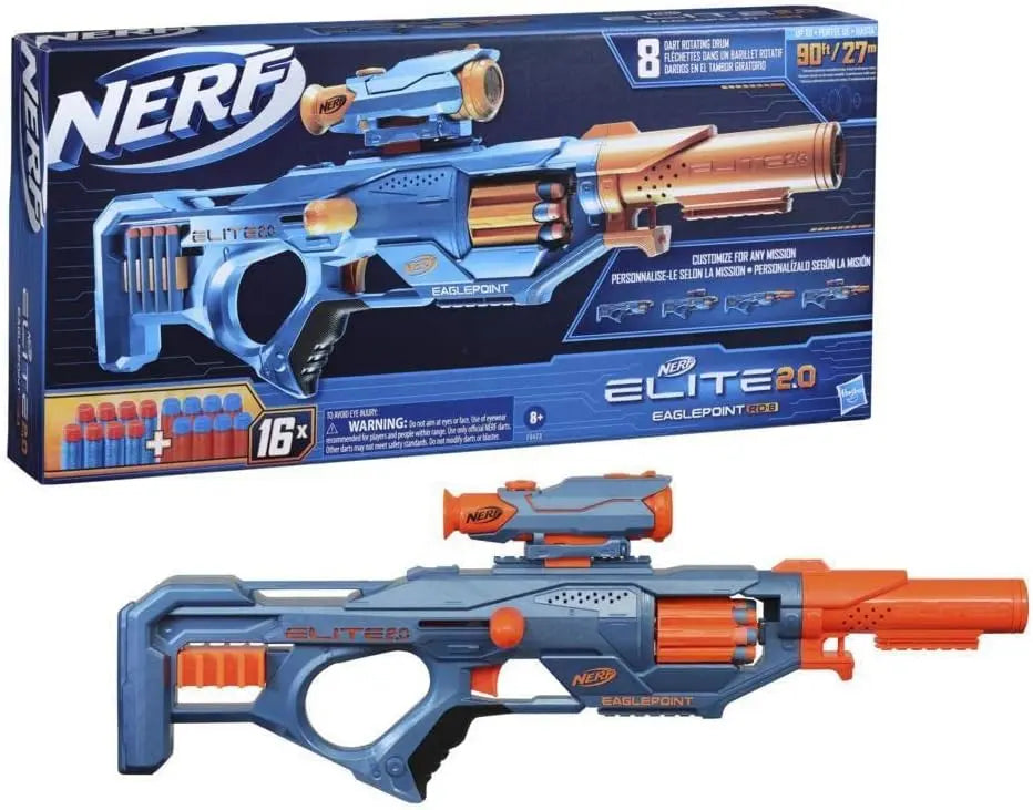 jouet Hasbro Nerf Elite 2.0, Blaster Eaglepoint RD-8, Barillet 8 fléchettes, viseur et Canon Amovibles, 16 fléchettes Elite Officielles Multicolore NERF