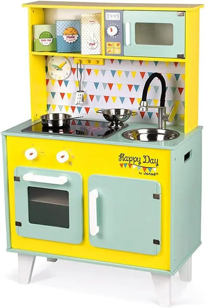 jouet Janod - Grande Cuisine Enfant en Bois Happy Day - Équipée avec Frigo et Four Micro Ondes, Bruitage et Lumière - Imitation et Eveil - 7 Accessoires Inclus - Dès 3 ans, J06564, Bleu et Jaune JANOD