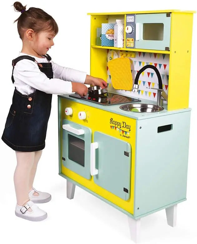 jouet Janod - Grande Cuisine Enfant en Bois Happy Day - Équipée avec Frigo et Four Micro Ondes, Bruitage et Lumière - Imitation et Eveil - 7 Accessoires Inclus - Dès 3 ans, J06564, Bleu et Jaune JANOD