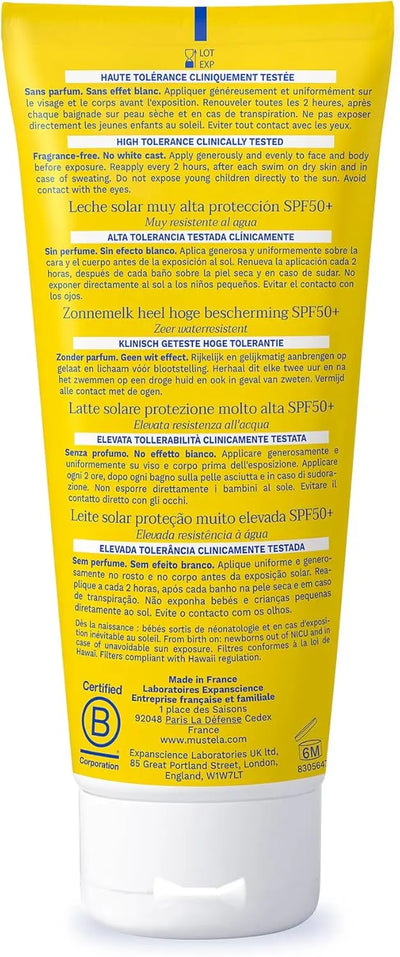 creme visage MUSTELA Lait Solaire Très Haute Protection SPF50+ 100ml - Visage et Corps MUSTELA