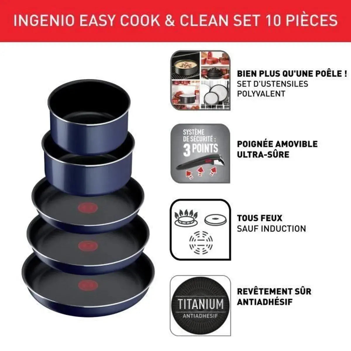 TEFAL INGENIO Batterie de cuisine 10 pieces, Revetement
