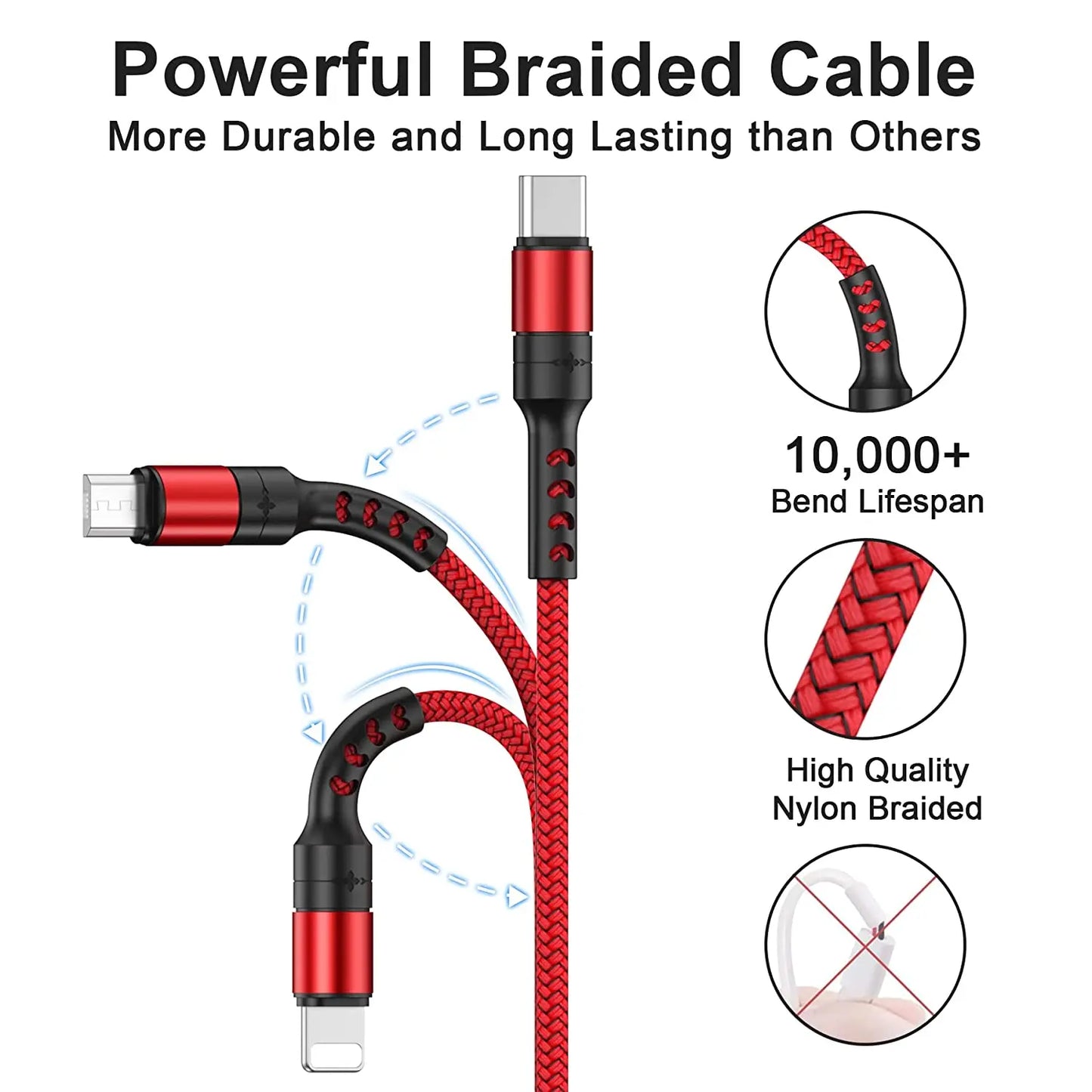 Câble Multi USB, RAVIAD 3 en 1 Multi Chargeur USB Câble en Nylon Tressé avec Micro USB Type C Connecteurs pour Samsung Galaxy S10/S9/S8,Huawei p30/P20,Honor.. Raviad
