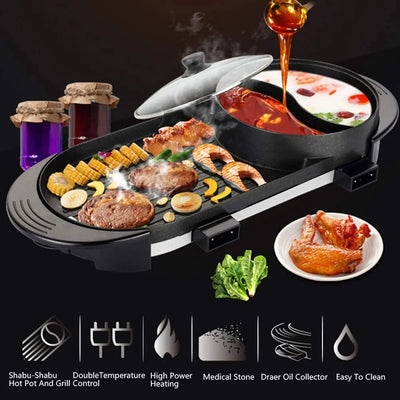 Gril Hot Pot électrique portable,grill teppanyaki avec hot pot,barbecue sans fumée double température,Plaque chauffante électrique antiadhésive,Poêle à frire domestiquepour 1-12 personnes Hasbro