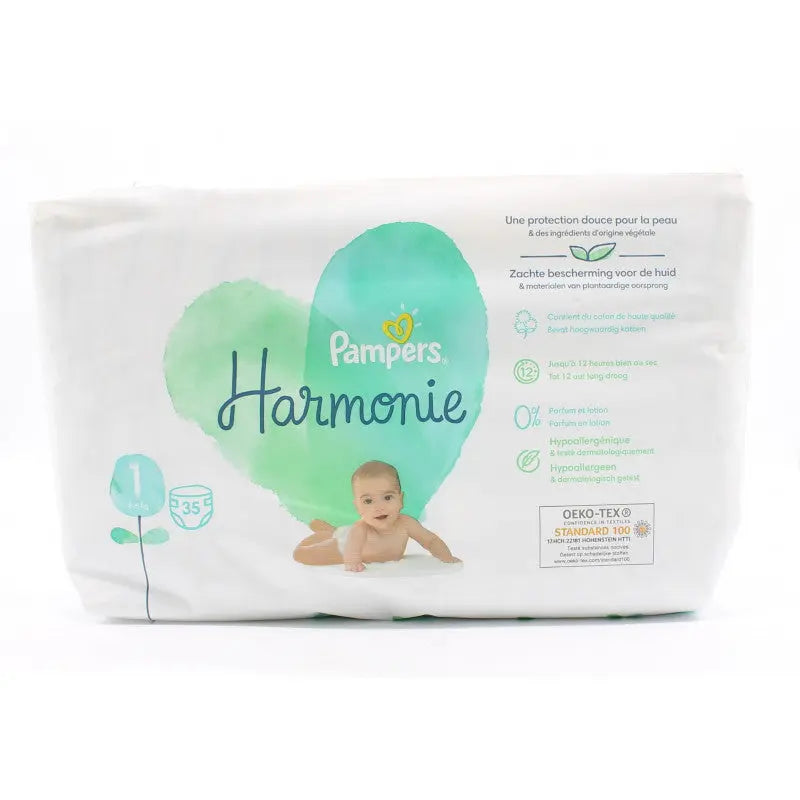 Couches Harmonie PAMPERS Taille 1 pour bébé de 2 à 5kg origine végétale