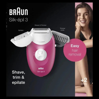 hygiene Braun Silk-épil 3 Épilateur Électrique Femme Rose Framboise, 3 Accessoires incluant un rasoir, une tondeuse zones sensible, 3-410 BRAUN