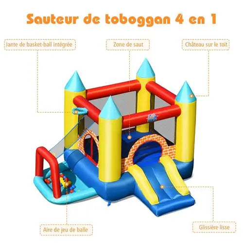 Costway 4 en 1 Aire de jeux Gonflable pour 3 Enfants 3-10 ans avec toboggan,30 Ballons 300x280x210cm TECIN HOLDING