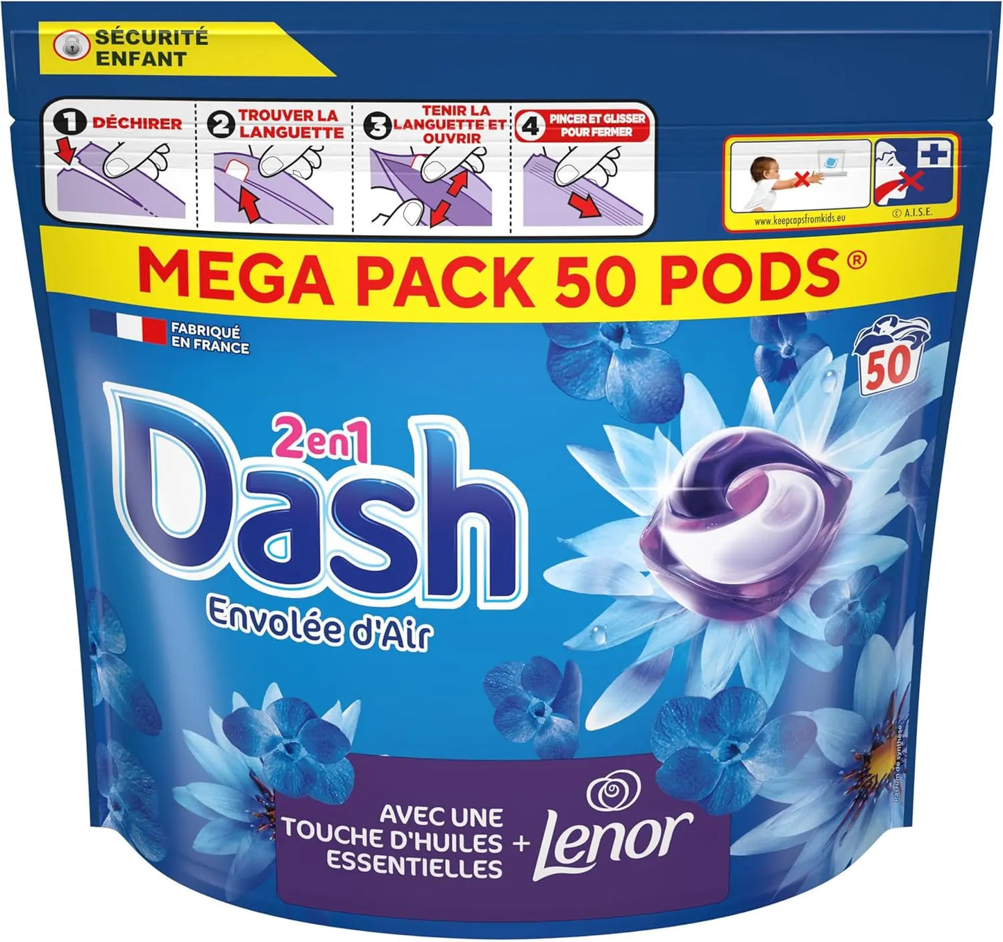 Skip detergent Dash 2-en-1 PODS Lessive Capsules, 50 Lavages, Envolée D’Air, Ultra Nettoyant Et Fraîcheur Longue Durée, Élimine Les Saletés et Taches Incrustées, DASH