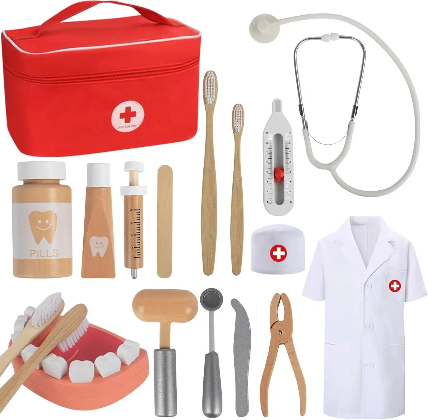 kit malette docteur EFO SHM Malette Docteur Enfant Kit de Médecin Jouets Déguisement de Docteur Accessoires en Bois avec Stéthoscope, Thermomètre, Jouet Enfant 3 Ans EFO