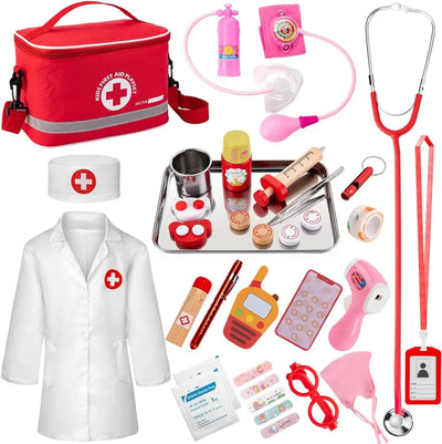 kit malette docteur EFO SHM Malette Docteur Enfant Kit de Médecin Jouets Déguisement de Docteur Accessoires en Bois avec Stéthoscope, Thermomètre, Jouet Enfant 3 Ans EFO