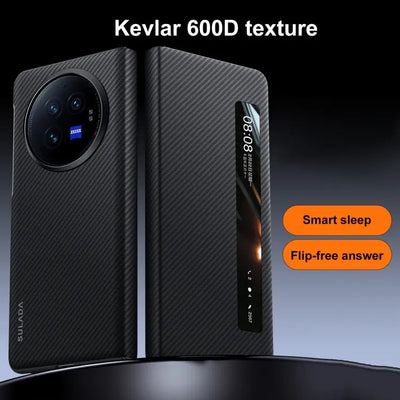 Étui de téléphone en cuir avec fenêtre intelligente SULADA Kevlar 600D Texture TECIN HOLDING