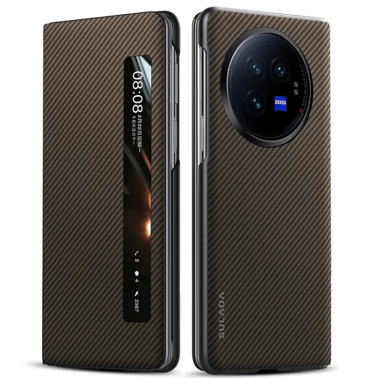 Étui de téléphone en cuir avec fenêtre intelligente SULADA Kevlar 600D Texture TECIN HOLDING