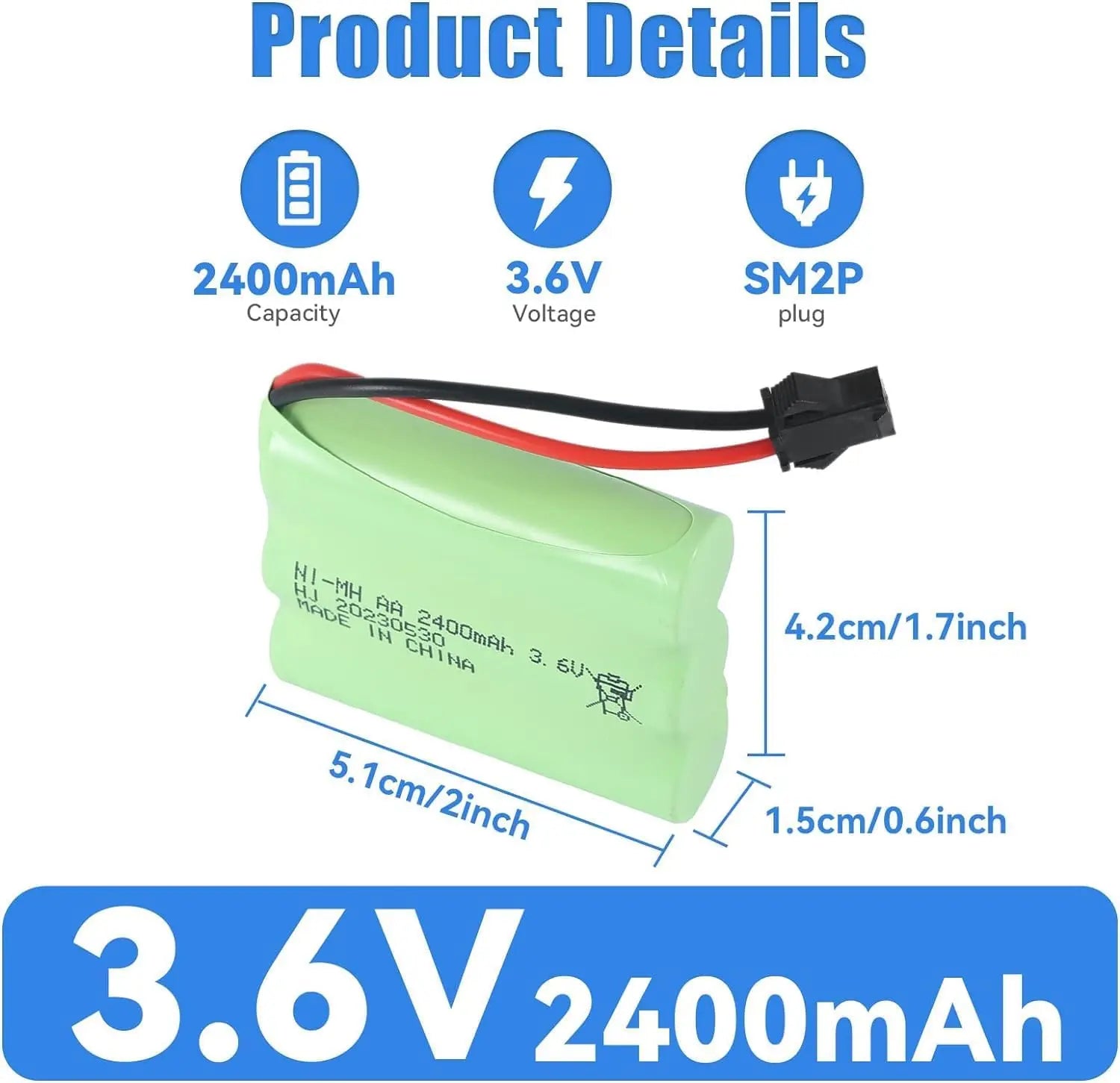 batterie Gecoty Batterie Rechargeable Ni-MH AA 4.8v 2400mAh, avec câble de Chargement et Prise SM 2P, Convient pour Les Voitures télécommandées, Les Outils YUNIQUE GREEN-CLEAN-POWER