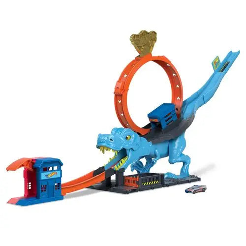 jouet pour enfant Hot Wheels City Coffret L’Attaque du T-Rex avec 1 voiture, course à travers un grand looping pour vaincre le T-Rex, circuit cascade et course, Jouet Hot Wheels