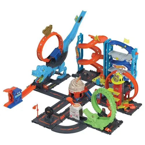 jouet pour enfant Hot Wheels City Coffret L’Attaque du T-Rex avec 1 voiture, course à travers un grand looping pour vaincre le T-Rex, circuit cascade et course, Jouet Hot Wheels