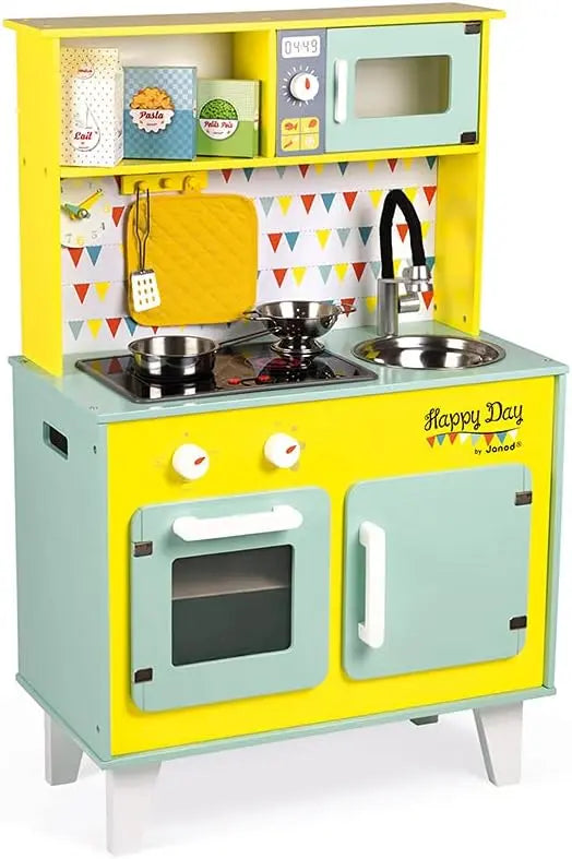 jouet Janod - Grande Cuisine Enfant en Bois Happy Day - Équipée avec Frigo et Four Micro Ondes, Bruitage et Lumière - Imitation et Eveil - 7 Accessoires Inclus - Dès 3 ans, J06564, Bleu et Jaune JANOD