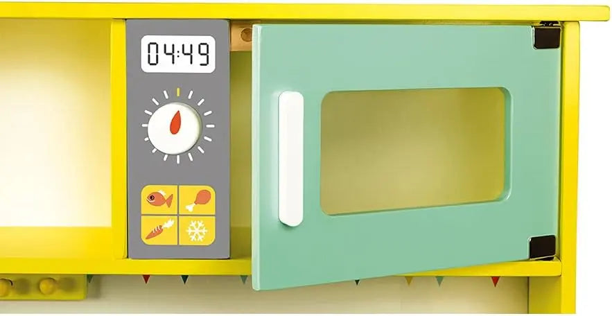 jouet Janod - Grande Cuisine Enfant en Bois Happy Day - Équipée avec Frigo et Four Micro Ondes, Bruitage et Lumière - Imitation et Eveil - 7 Accessoires Inclus - Dès 3 ans, J06564, Bleu et Jaune JANOD