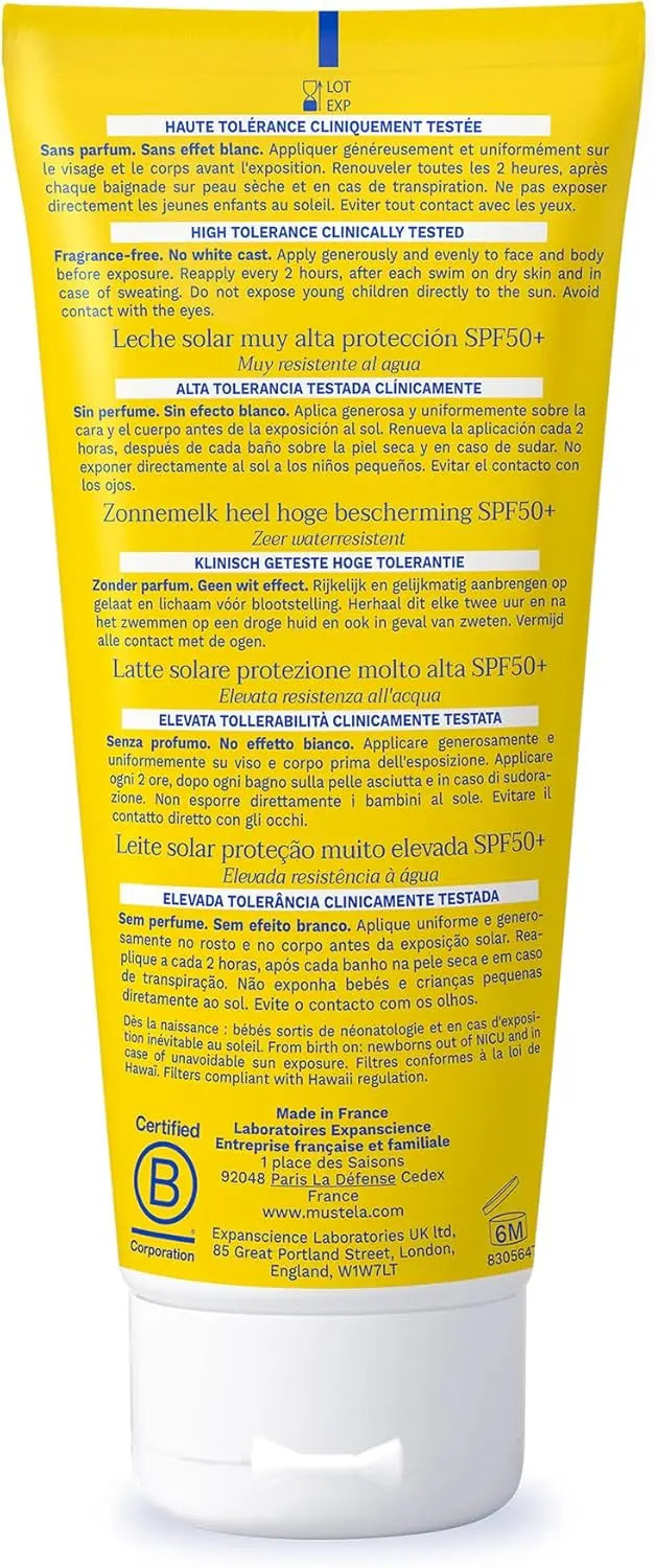 creme visage MUSTELA Lait Solaire Très Haute Protection SPF50+ 100ml - Visage et Corps MUSTELA