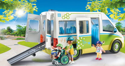 jouet Playmobil 71329 Bus Scolaire - City Life - avec Trois Personnages, Un Bus Scolaire avec Le Toit Amovible, Un Fauteuil Roulant, des Sacs à Dos et des Accessoires - Dès 4 Ans playmobil