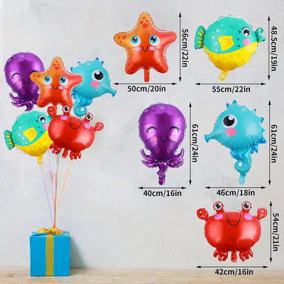 kit anniversaire Prasacco Lot de 5 ballons en forme d'animaux marins, décorations de fête sous la mer, hippocampe, étoile de mer, poisson, crabe, pieuvre pour anniversaire sous l'océan Parassaco
