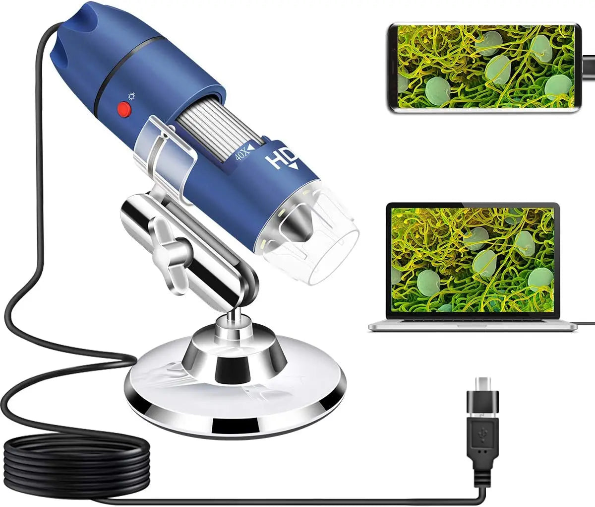 Cainda Microscope numérique HD 2560x1440P 2K USB pour Android Windows 7 8 10 11 Linux Mac, 40X à 1000X Caméra Microscope avec Support et étui de Transport Cainda